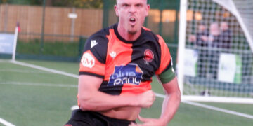 Sean Moore celebrates Town's first goal last night. Pic: Andrew Batt.