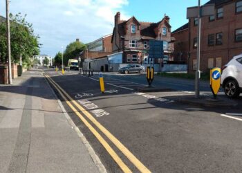 The cycle lane in Sidmouth Street, Reading. Barriers prevent cars from using the lane. Credit: James Aldridge, Local Democracy Reporting Service