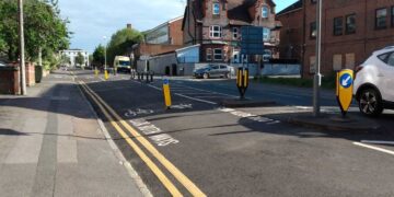 The cycle lane in Sidmouth Street, Reading. Barriers prevent cars from using the lane. Credit: James Aldridge, Local Democracy Reporting Service