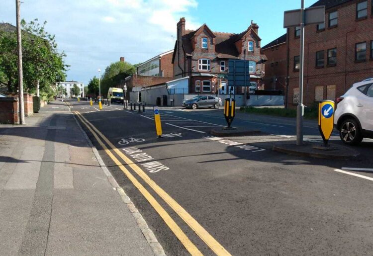 The cycle lane in Sidmouth Street, Reading. Barriers prevent cars from using the lane. Credit: James Aldridge, Local Democracy Reporting Service