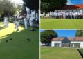 Members of Hurst Bowling Club playing (left) the old clubhouse (top right) and the new clubhouse (bottom right). Pic: Wokingham borough council.