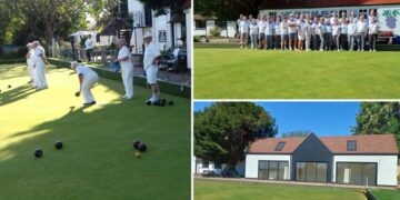 Members of Hurst Bowling Club playing (left) the old clubhouse (top right) and the new clubhouse (bottom right). Pic: Wokingham borough council.
