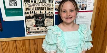 Autumn Turner, a Year 3 pupil at Newbold School, stands beside a poster for the school?s WW1 community exhibition. Picture: Newbold School