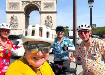 Friends  Jenny Brown, Andy Brown, John Bishop and Rob Brown cycled to Paris in memory of Sully. Picture: Rob Brown