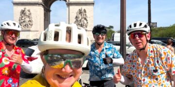 Friends  Jenny Brown, Andy Brown, John Bishop and Rob Brown cycled to Paris in memory of Sully. Picture: Rob Brown