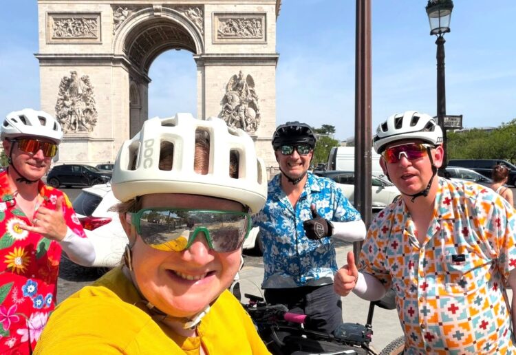 Friends  Jenny Brown, Andy Brown, John Bishop and Rob Brown cycled to Paris in memory of Sully. Picture: Rob Brown