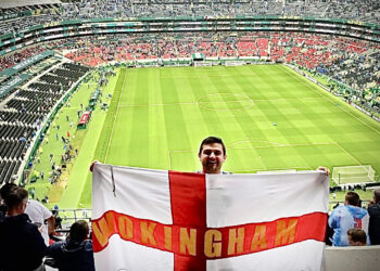 Nick Axhwell and the flag in Mexico City this morning.