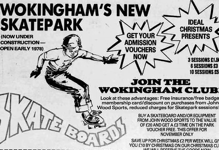 A newspaper ad from 1977 promoting the new skatepark.