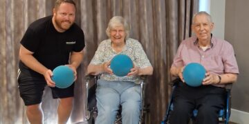 Mark from Moveball helped residents of West Oak to raise funds while having fun exercising. Picture: West Oak Care Home
