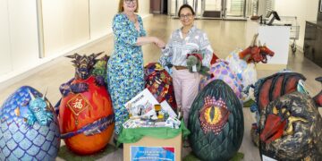 Sue Boor, head of marketing at The Lexicon, with Carola Bustos-Loyola, trade marketing manager at Daler-Rowney. Pic: Stewart Turkington.