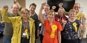 Louise Timlin and Liberal Democrats following her election to Wokingham Town Council. Credit: Phil Creighton, posted by Wokingham Liberal Democrats