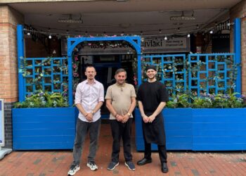 Luftar Rusta, centre, with team members Emilian Rusta and Xhulian Leka at Tasty Greek Souvlaki at Market Place in Reading town centre. Credit: James Aldridge, Local Democracy Reporting Service