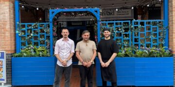 Luftar Rusta, centre, with team members Emilian Rusta and Xhulian Leka at Tasty Greek Souvlaki at Market Place in Reading town centre. Credit: James Aldridge, Local Democracy Reporting Service